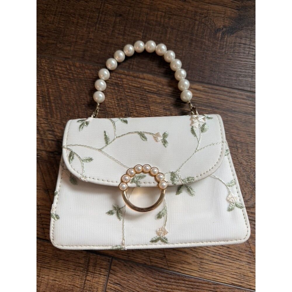 Ivory Floral Embroidered Mini Bag with Pearl Top Handle